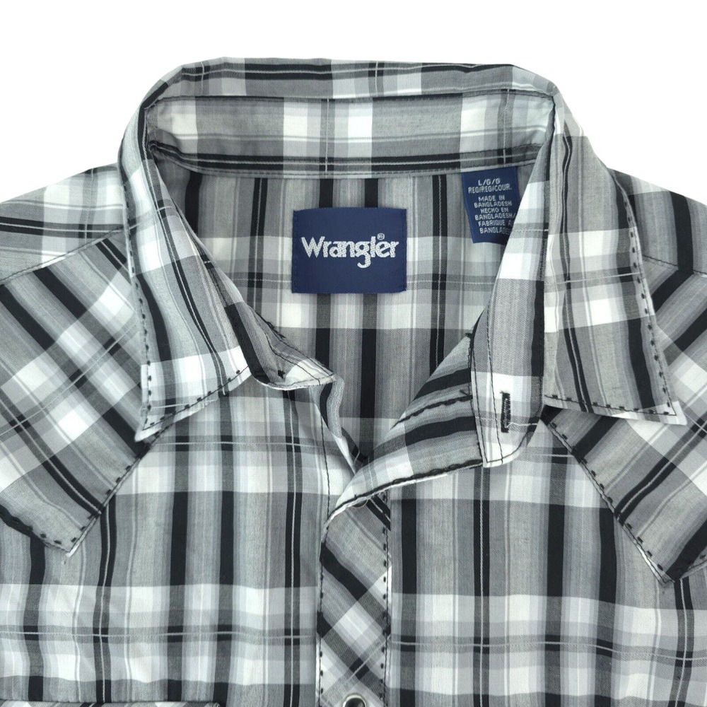 Wrangler Western Shirt Mens L Black Plaid Pearl‎ Snap Short Sleeve MVG325K Rodeo - Picture 6 of 11